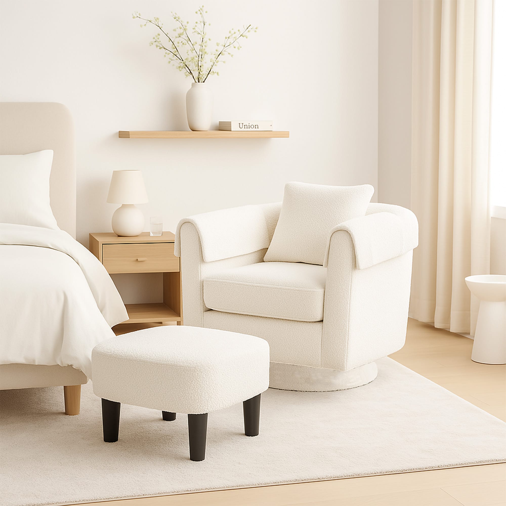 Swivel Accent Chair With Ottoman Set, Modern Chenille Barrel Armchair With Removable Back Pillow & 2 Armrest Covers For Living Room, Bedroom, Office, White_maomaolike.com